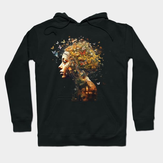 Woman With Flowers And Butterflies Surrounding Her Face Harmony of Life Hoodie by Positive Designer